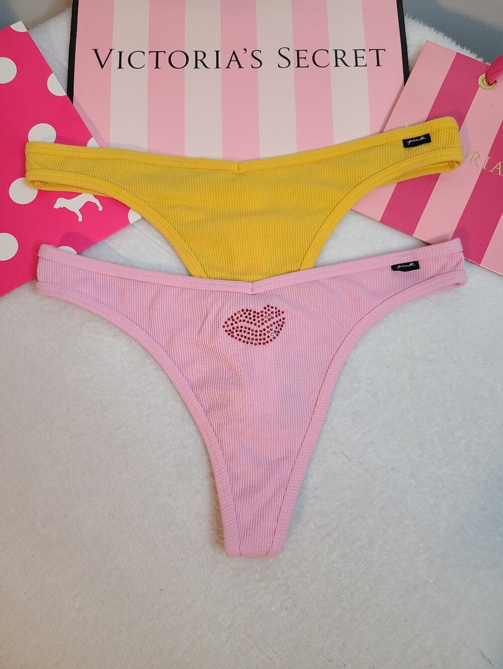 VS PINK 2pk Basic Cotton Rib Classic Full Cut Thong Panties Size Lg